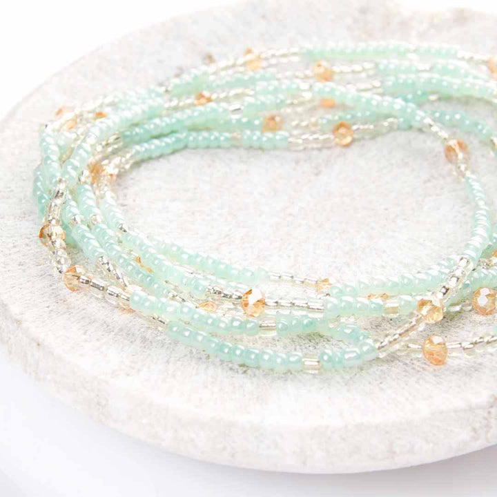 Iced Green Tea Beaded Ankle Bracelet - Handmade Artisan Jewelry - Close Up Stack - Cana Capri