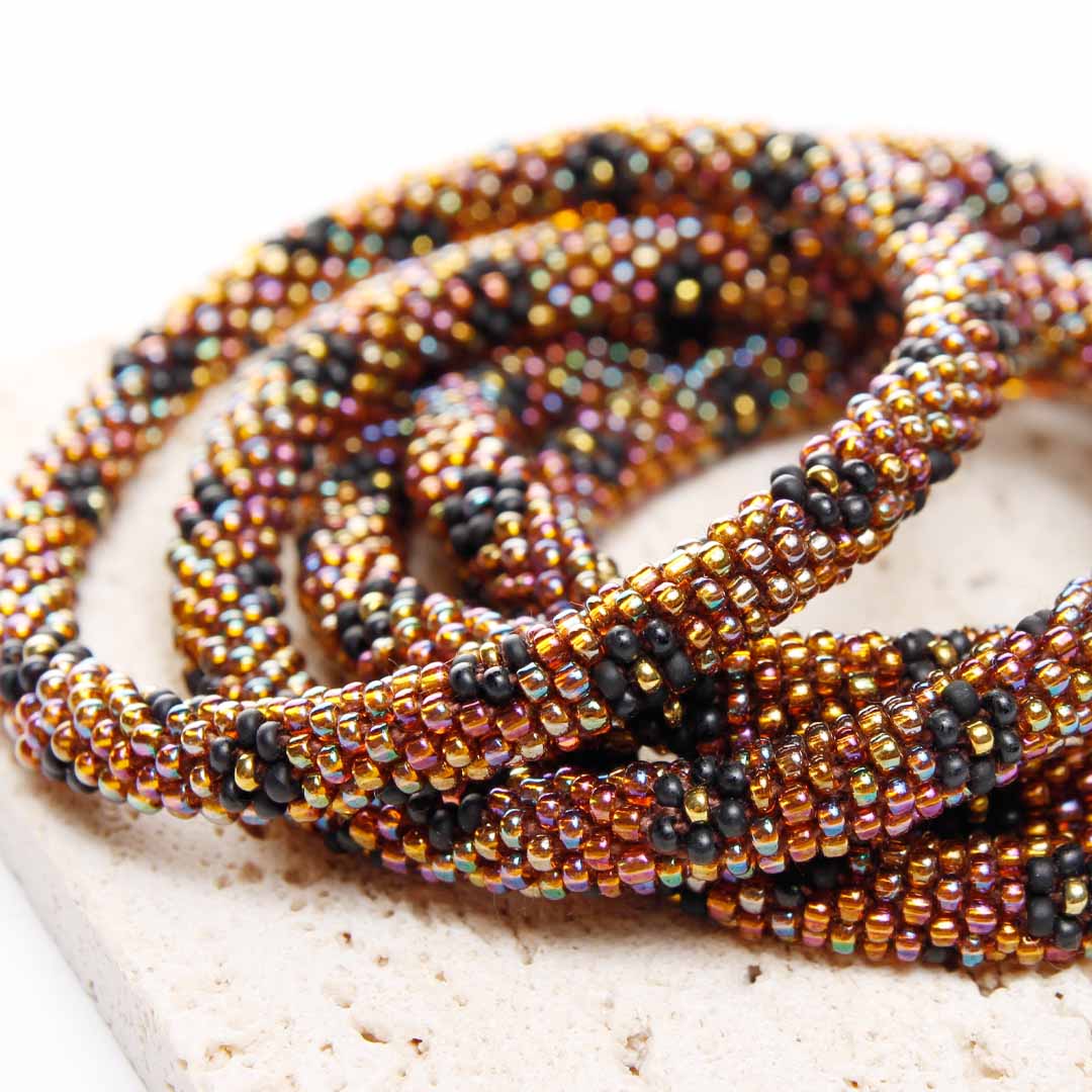 Iridescent Noir Blooms Bracelet - Handmade Seed Bead Jewelry-Close Up