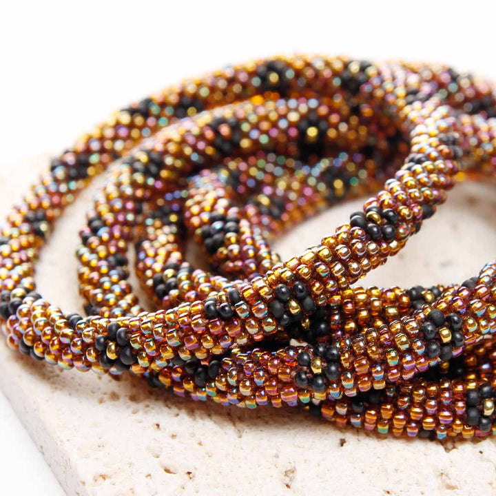 Iridescent Noir Blooms Bracelet - Handmade Seed Bead Jewelry-Close Up