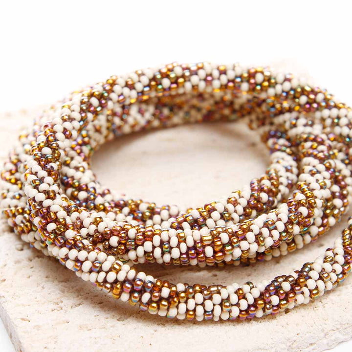 Ivory Mosaic Twist Bracelet - Seed Bead Jewelry Close Up - Cana Capri