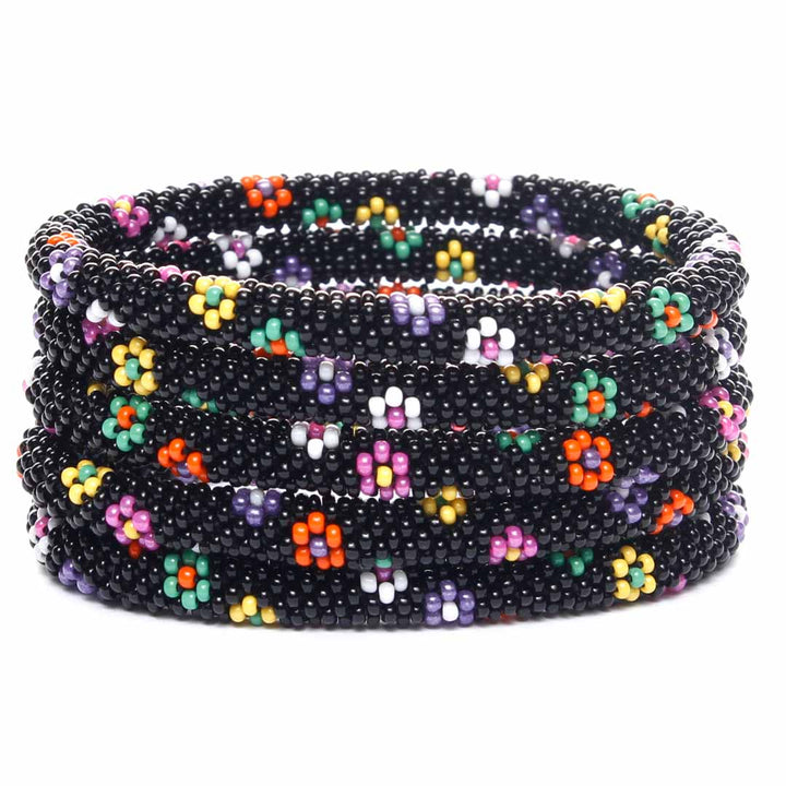 Licorice Daisies Beaded Bracelet STack