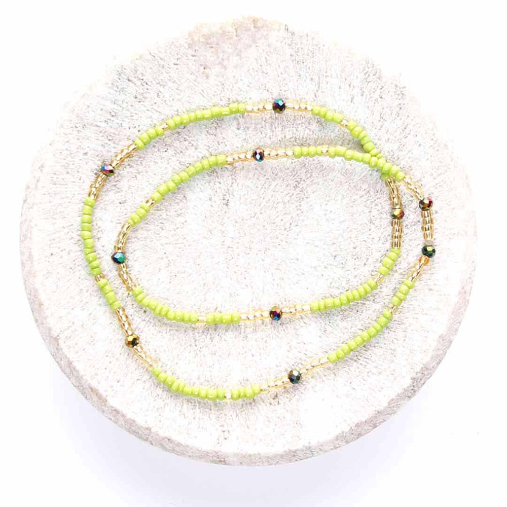 Lime and Sunshine Champagne Gold Beaded Ankle Bracelet - Handmade Artisan Jewelry - Top View - Cana Capri