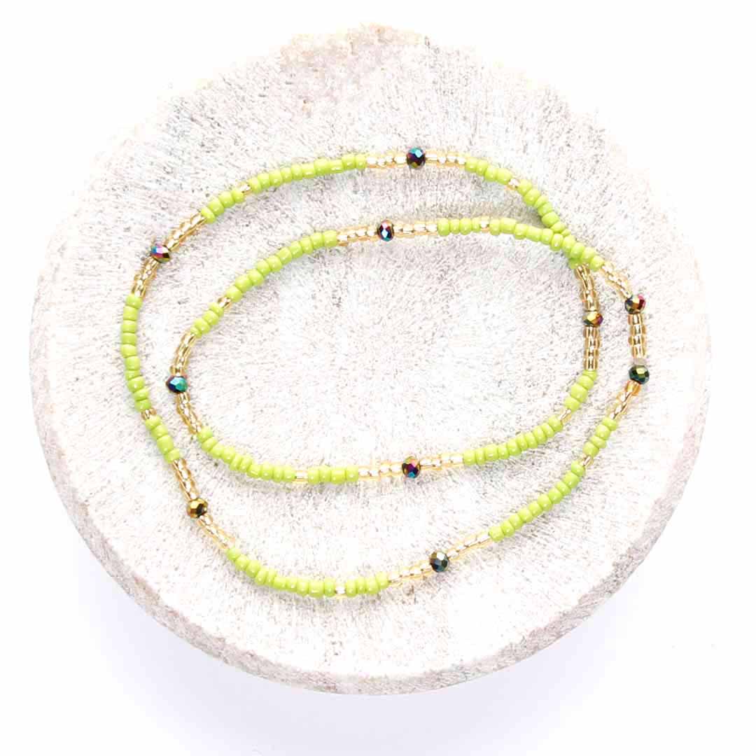 Lime and Sunshine Champagne Gold Beaded Ankle Bracelet - Handmade Artisan Jewelry - Top View - Cana Capri