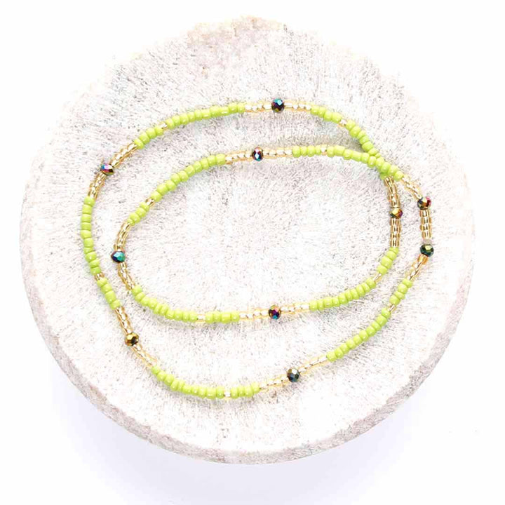 Lime and Sunshine Champagne Gold Beaded Ankle Bracelet - Handmade Artisan Jewelry - Top View - Cana Capri