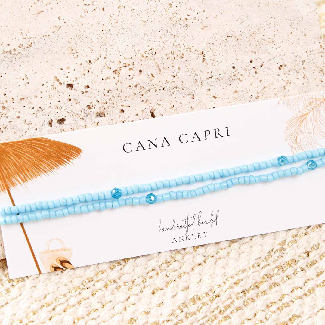 Matte Blue Sky Beaded Ankle Bracelet - Handmade Artisan Jewelry - Packaging - Cana Capri