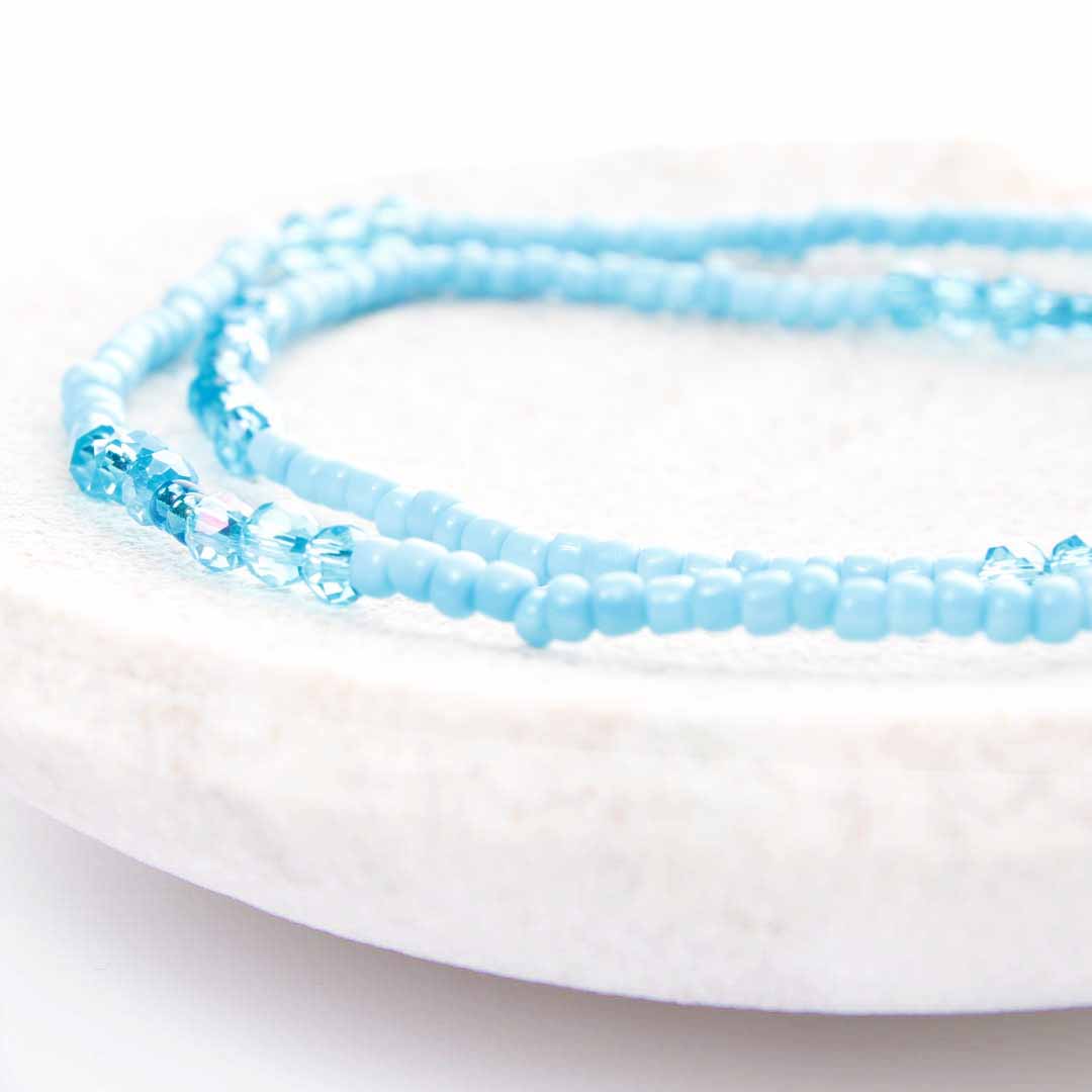 Matte Blue Sky Crystals Beaded Ankle Bracelet - Handmade Artisan Jewelry - Close Up - Cana Capri