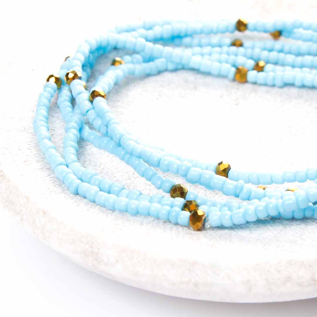 Matte Blue Sunset Beaded Ankle Bracelet - Handmade Artisan Jewelry - Close Up Stack - Cana Capri