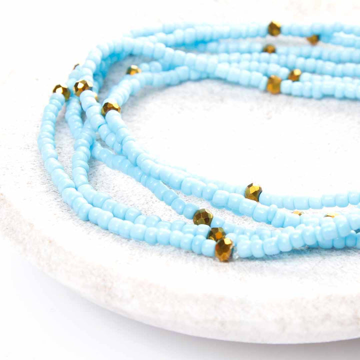 Matte Blue Sunset Beaded Ankle Bracelet - Handmade Artisan Jewelry - Close Up Stack - Cana Capri