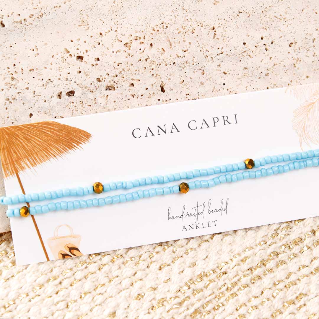 Matte Blue Sunset Beaded Ankle Bracelet - Handmade Artisan Jewelry - Packaging - Cana Capri