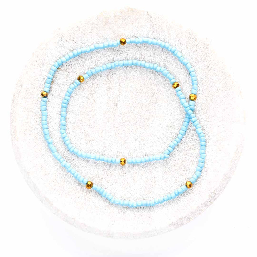 Matte Blue Sunset Beaded Ankle Bracelet - Handmade Artisan Jewelry - Top View - Cana Capri