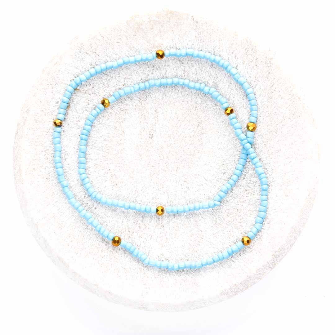 Matte Blue Sunset Beaded Ankle Bracelet - Handmade Artisan Jewelry - Top View - Cana Capri