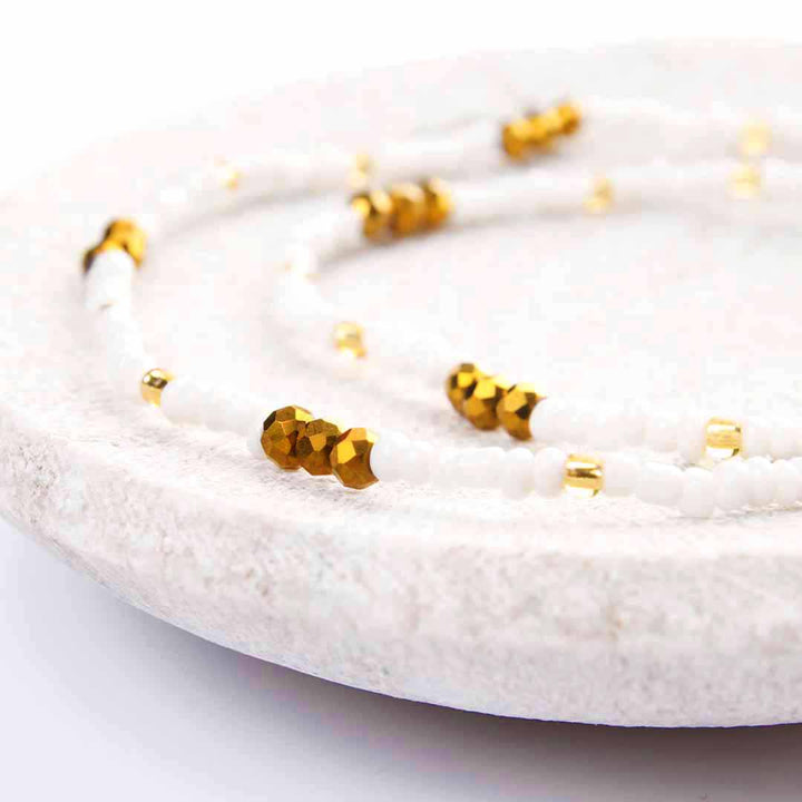Matte Pearl & Golden Bronze Beaded Ankle Bracelet - Handmade Artisan Jewelry - Close Up - Cana Capri