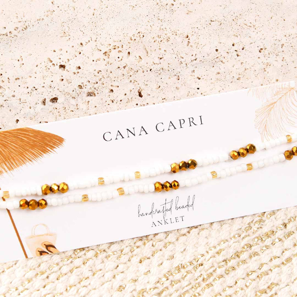 Matte Pearl & Golden Bronze Beaded Ankle Bracelet - Handmade Artisan Jewelry - Packaging - Cana Capri