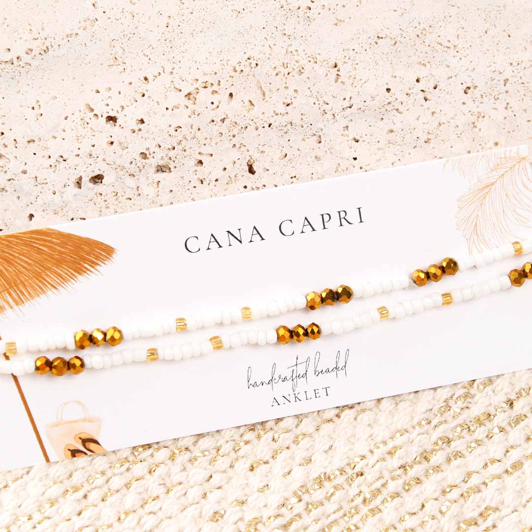 Matte Pearl & Golden Bronze Beaded Ankle Bracelet - Handmade Artisan Jewelry - Packaging - Cana Capri