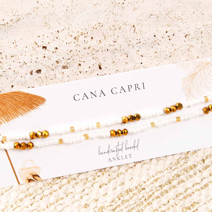 Matte Pearl & Golden Bronze Beaded Ankle Bracelet - Handmade Artisan Jewelry - Packaging - Cana Capri