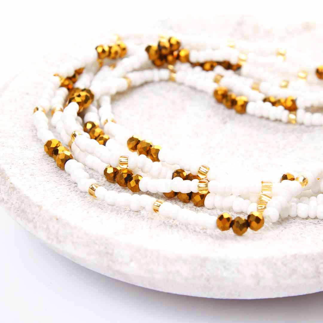 Matte Pearl & Golden Bronze Beaded Ankle Bracelet - Handmade Artisan Jewelry - Stack - Cana Capri
