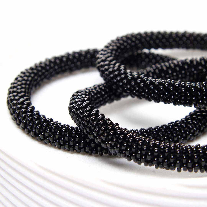 Midnight Black Bracelet - Handmade Seed Bead Jewelry - Close Up