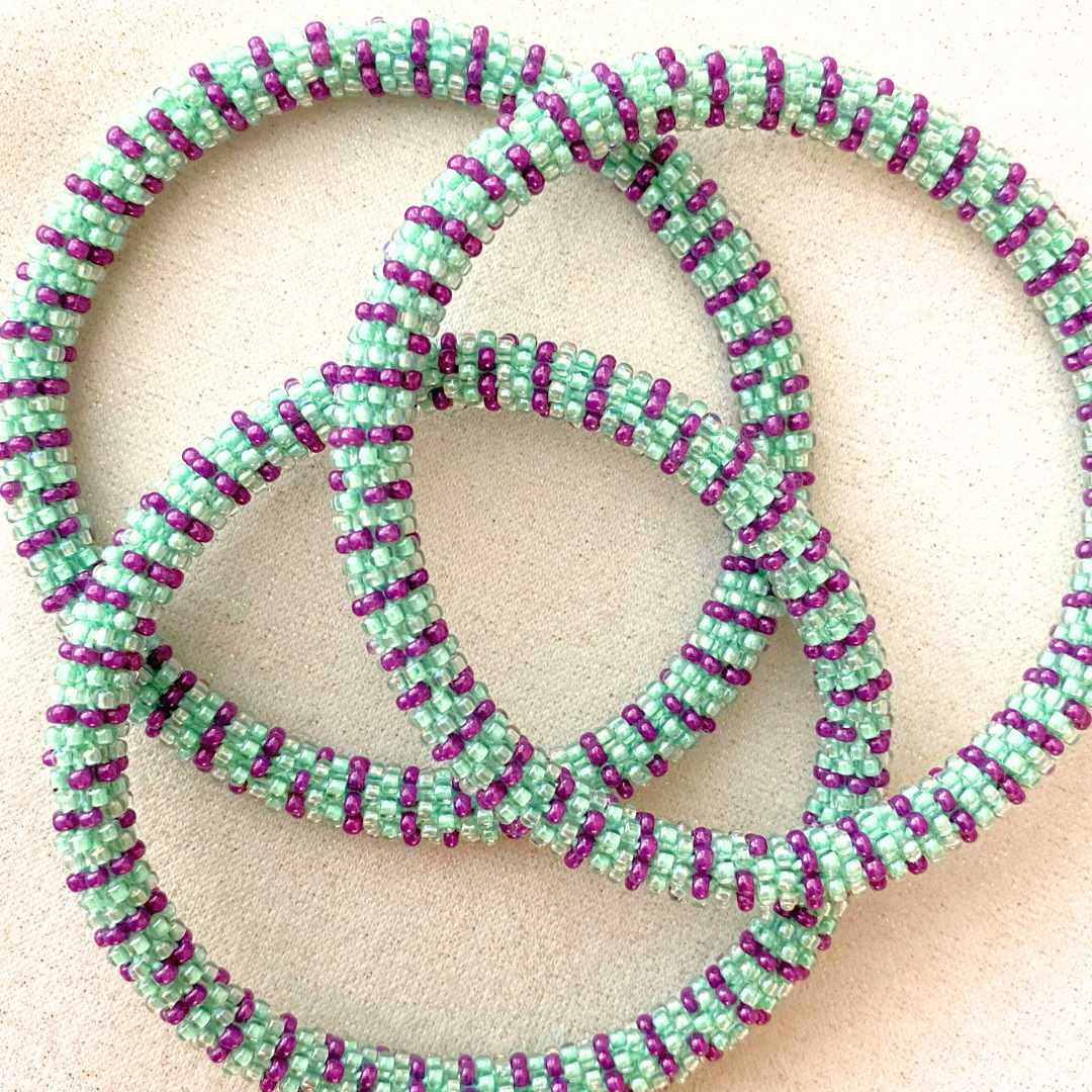 Minty Black Cherry Stripe Handmade Beaded Bead Bracelet Jewelry for Women-1