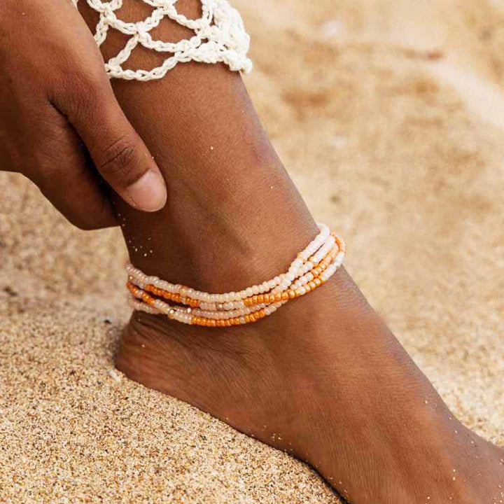 Papaya Daiquiri Beaded Ankle Bracelet - Handmade Artisan Jewelry - Model - Cana Capri