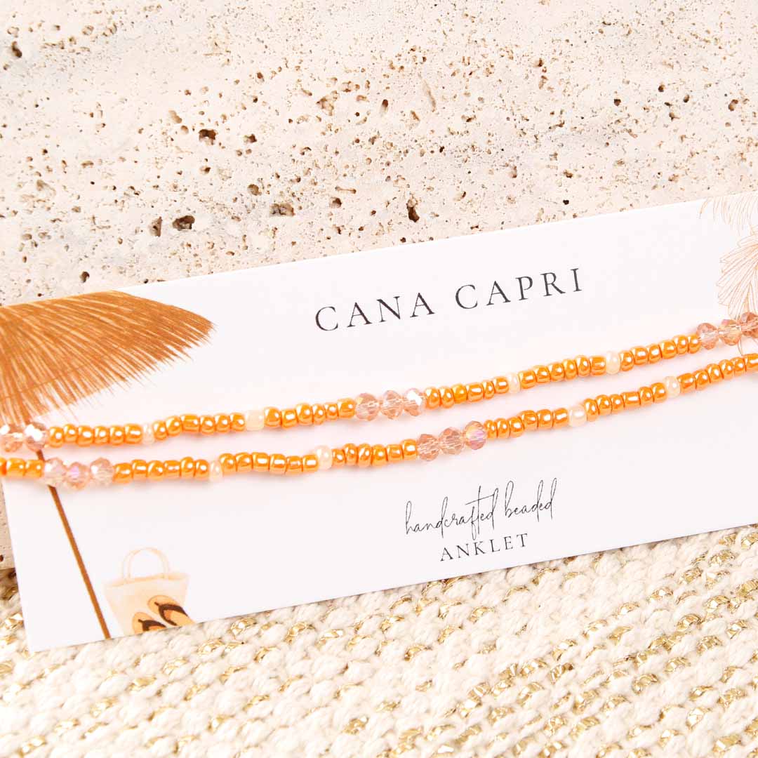 Papaya Spritzer Beaded Ankle Bracelet - Handmade Artisan Jewelry - Packaging- Cana Capri
