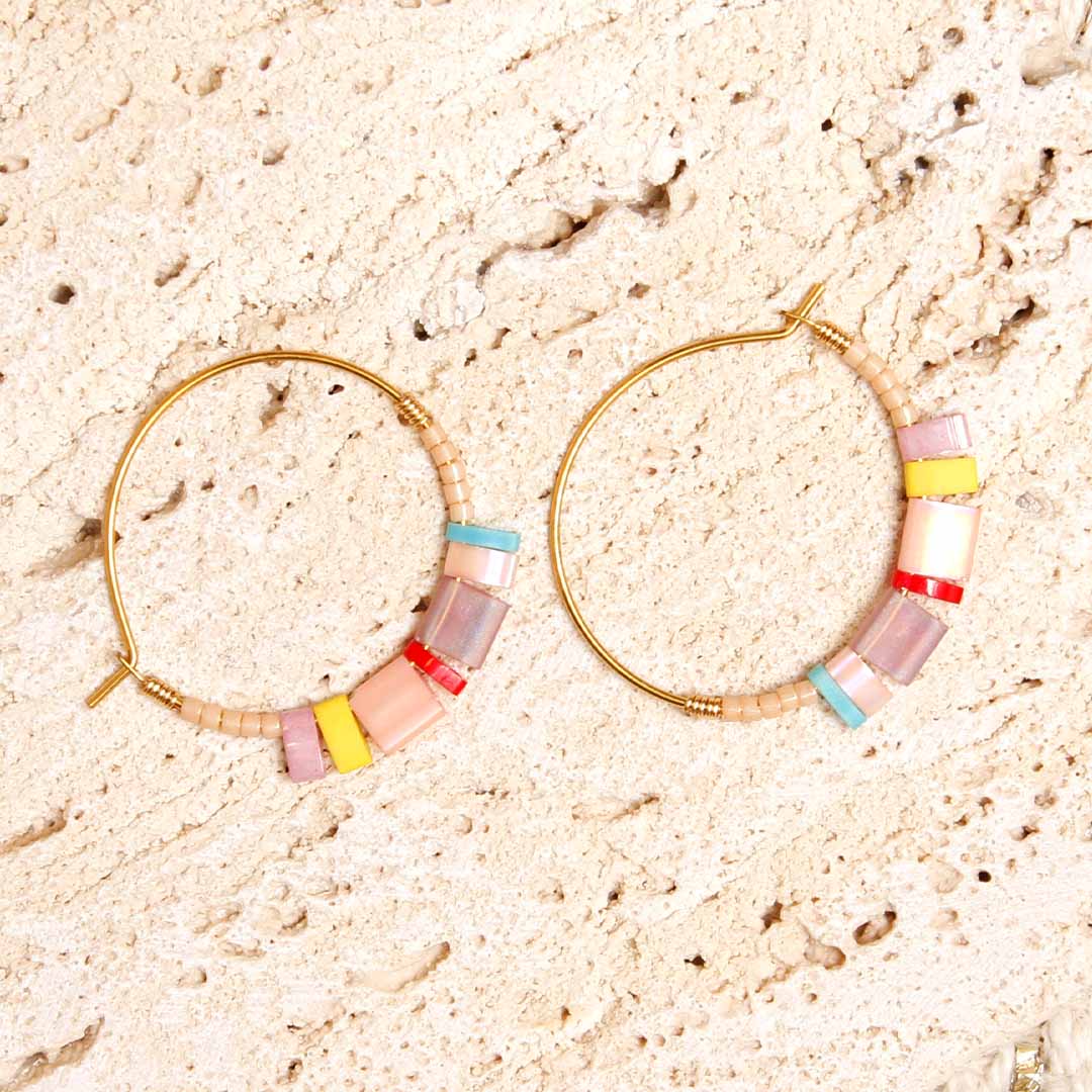 Pastel Petal Dainty Beaded Hoop Earrings - Handmade Artisan Jewelry