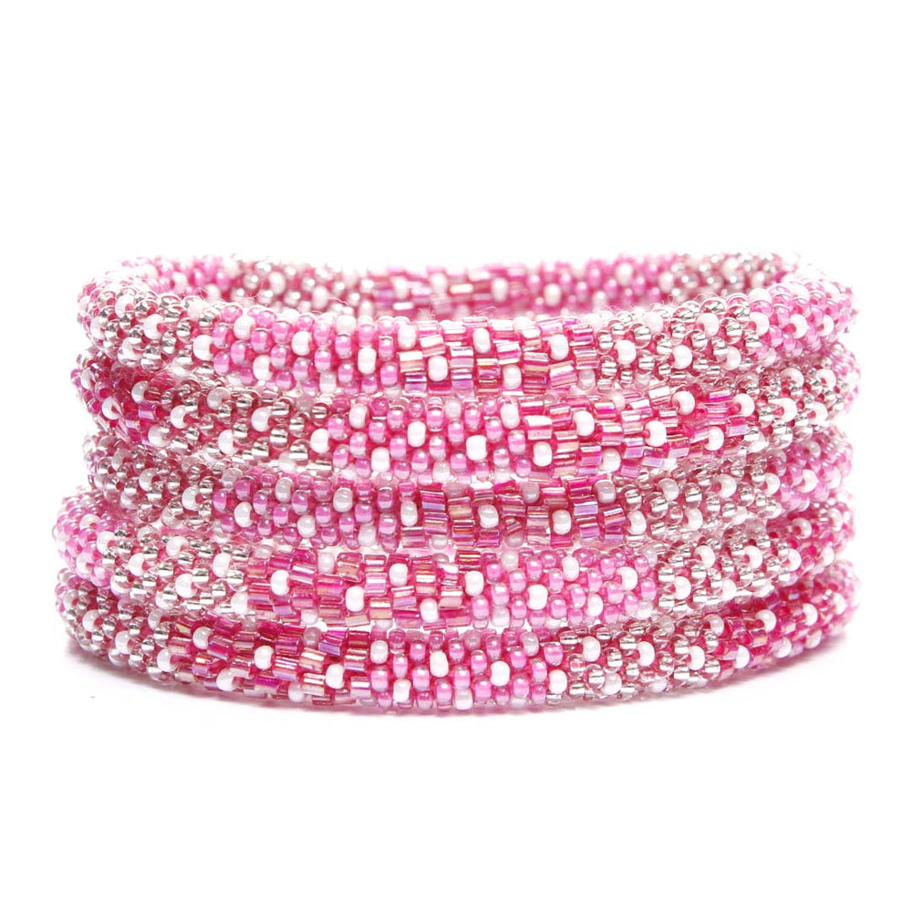 Pink Polka Dot Pinwheel Crochet Beaded Bracelet-1 Stack