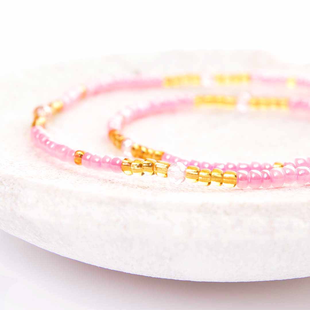 Pink Sunshine Beaded Ankle Bracelet - Handmade Artisan Jewelry - Close Up - Cana Capri