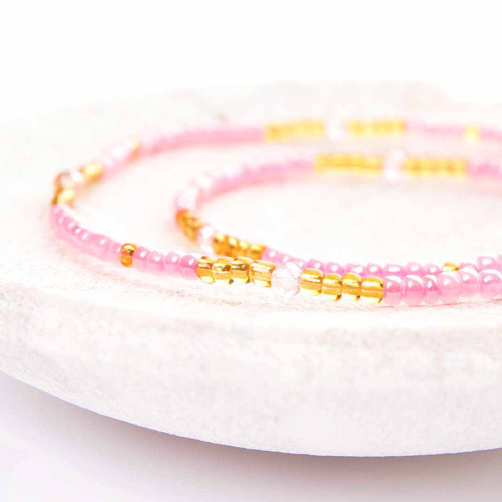Pink Sunshine Beaded Ankle Bracelet - Handmade Artisan Jewelry - Close Up - Cana Capri