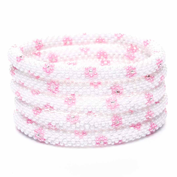 Pink & Pearl Daisies  Beaded Bracelet stack