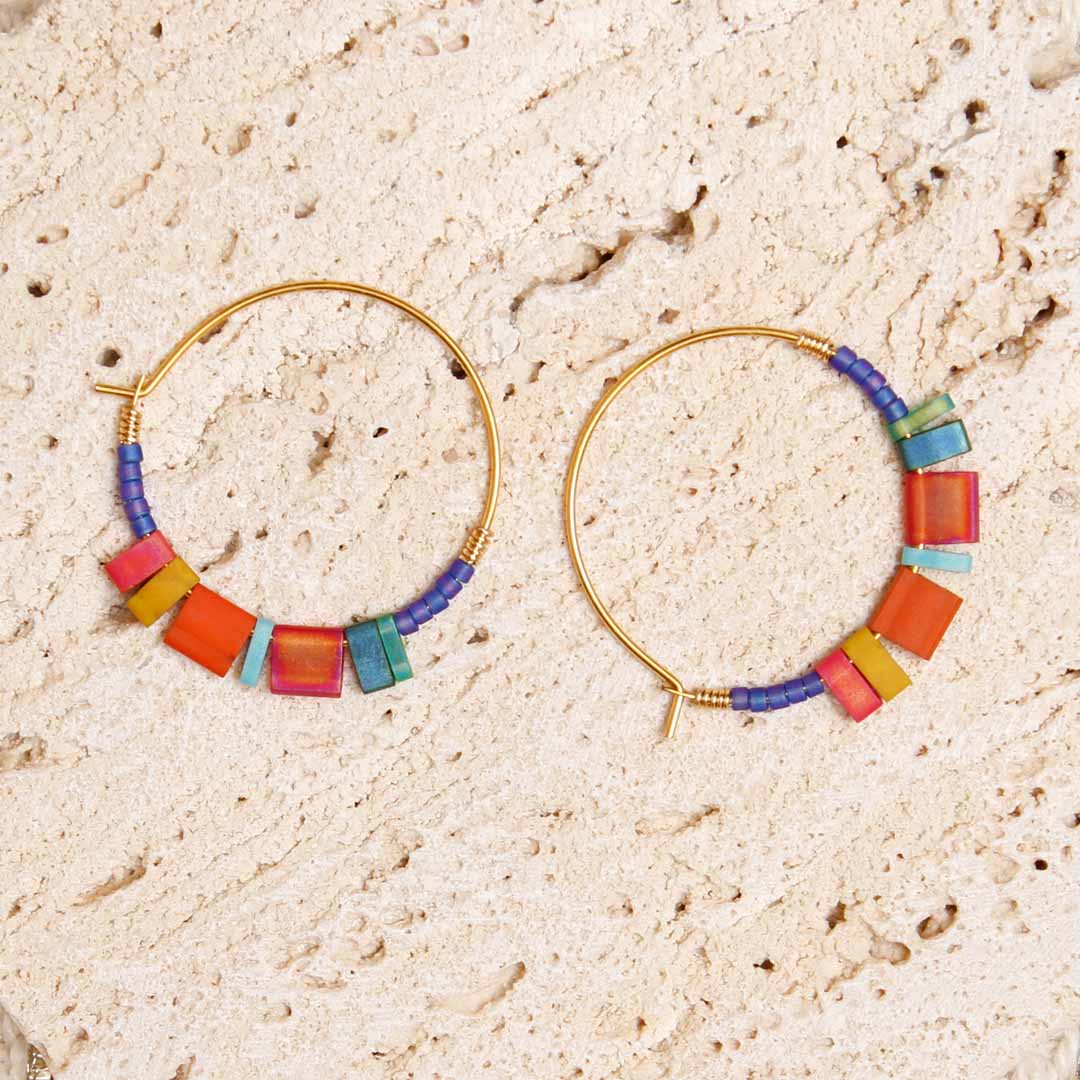 Rainbow Reef Dainty Beaded Hoop Earrings-Handmade Artisan Jewelry-Close Up