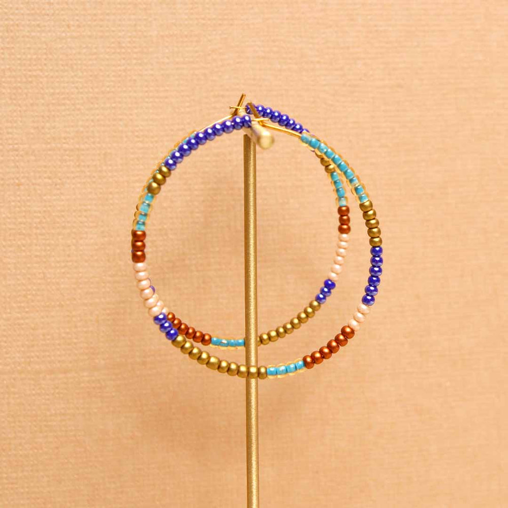 Rust & Turquoise Tide Beaded Hoop Earrings - Handmade Artisan Jewelry-Close Up