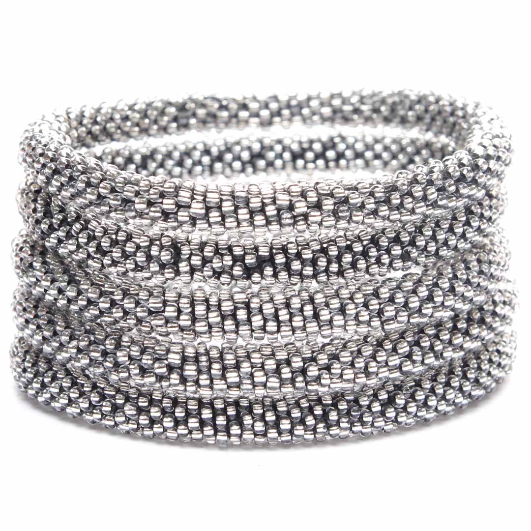 Smoky Silver Beaded Bracelet - Seed Bead Jewelry Stack - Cana Capri