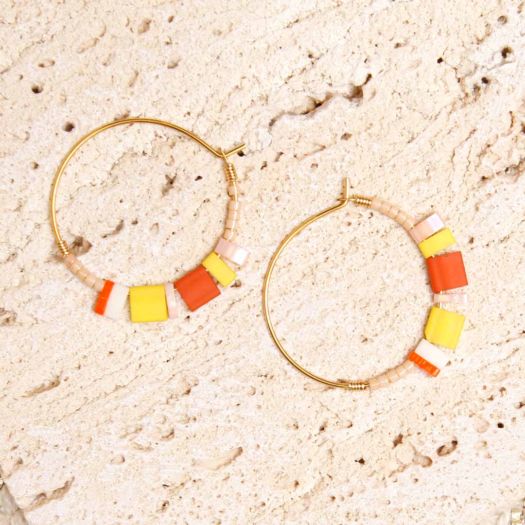 Sunset Petal Dainty Beaded Hoop Earrings - Handmade Artisan Jewelry