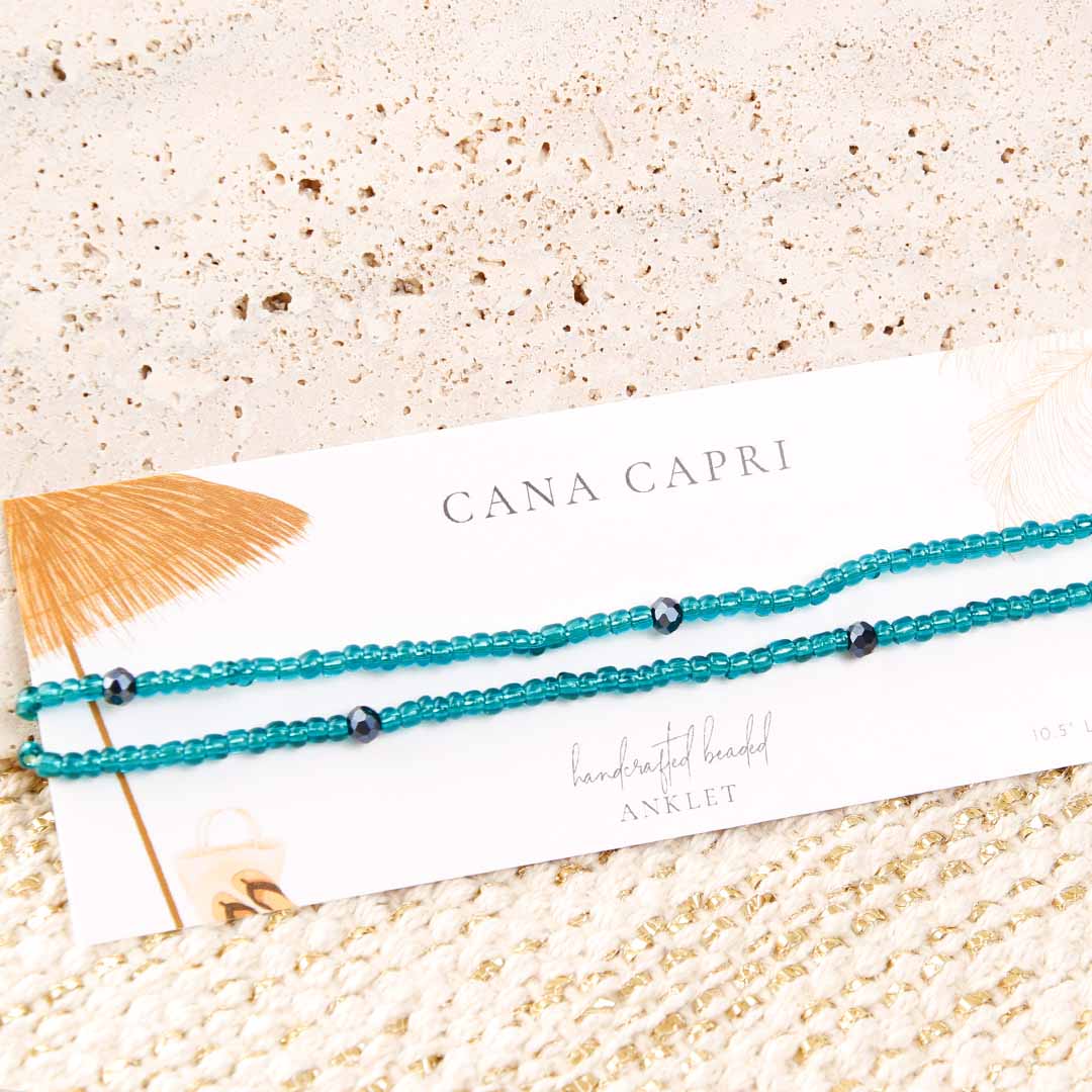 Crystal and Peach Shimmer Beaded Ankle Bracelet - Handmade Artisan Jewelry - Packaging - Cana Capri