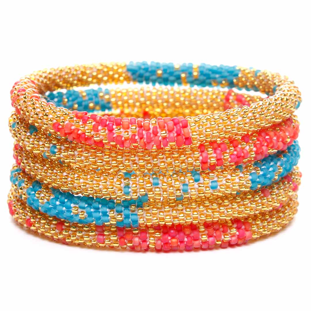 Teal & Coral Sparkle Bracelet - Seed Bead Jewelry Stack - Cana Capri