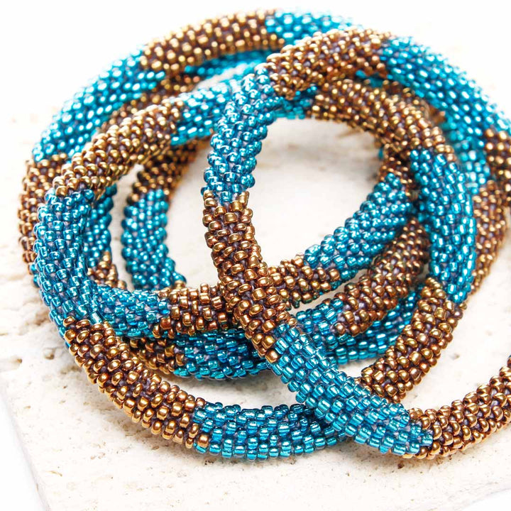 Sparkly Turquoise & Bronze Bracelet - Seed Bead Jewelry- Close Up-Cana Capri