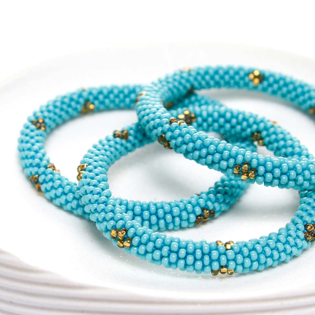 Turquoise Gold Sparkles Beaded Bracelet Side