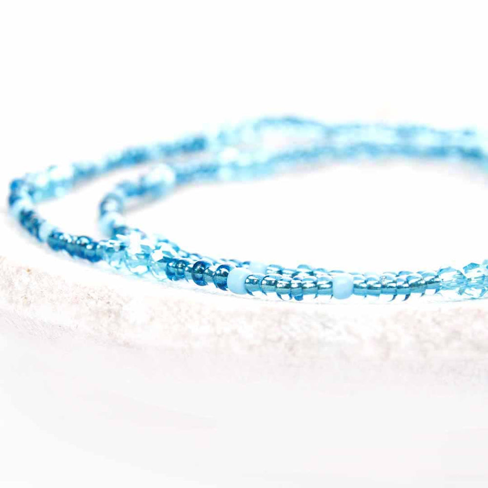Turquoise Sky Beaded Ankle Bracelet - Handmade Artisan Jewelry - Close Up - Cana Capri