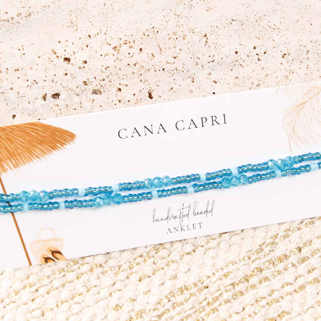 Turquoise Sky Beaded Ankle Bracelet - Handmade Artisan Jewelry - Packaging - Cana Capri